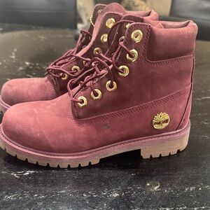 Timberland Maroon Nubuck Boots with Gold Accents